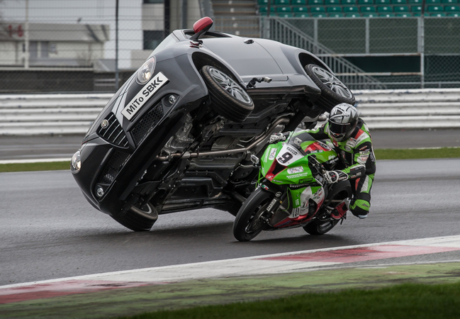 For this year, it completed a stunt where a superbike passed a Mito while the car was on two wheels