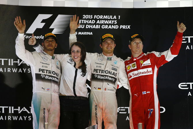 Lewis Hamilton and Kimi Raikkonen climbed to the podium alongside Nico Rosberg