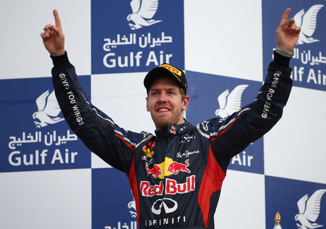 Vettel on the podium after victory in sunday's Bahrain Grand Prix