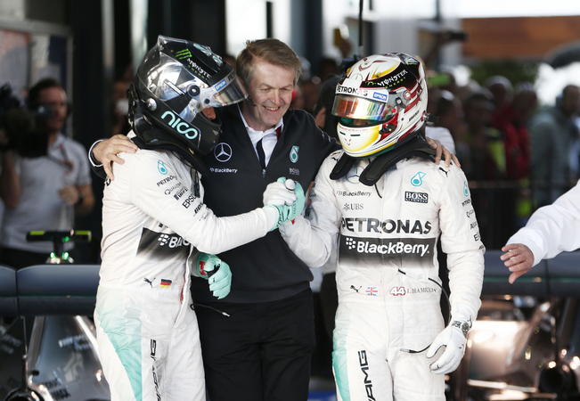 The two Mercedes drivers shaking hands at the end of the race